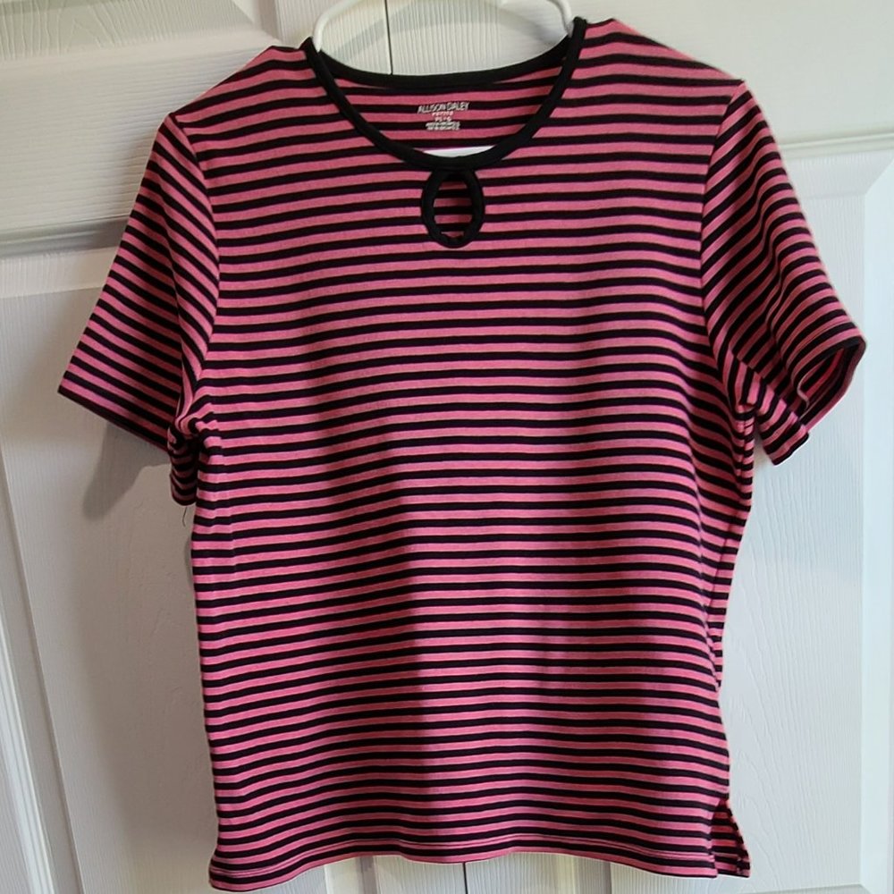 Black & Pink Striped Short Sleeve Top by Allison Daley, Size PL/G (Petite)